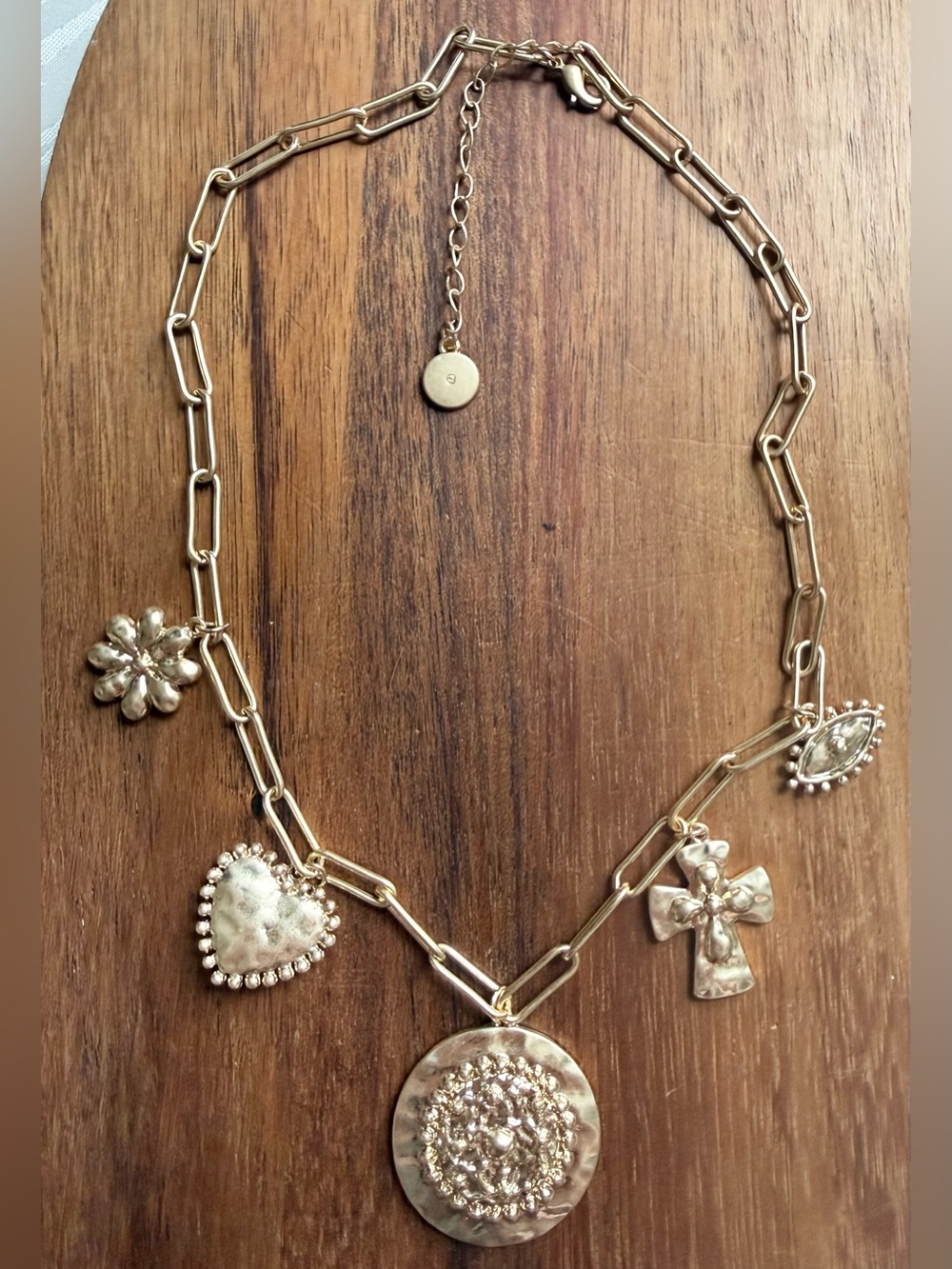 Gold Tone Paper Clip Charm Link Necklace - Heart, Cross & Floral Charms
